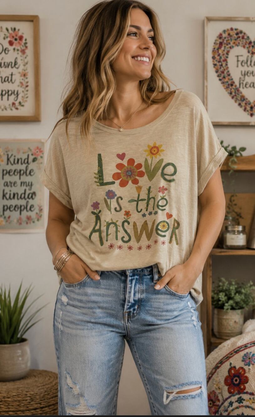 Natural Life Love Is The Answer Graphic Tee Women's Boho Floral Short Sleeve Top